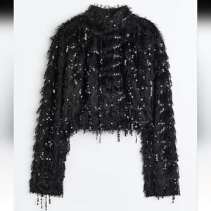 H&M sequined top, cropped long sleeve black stretch